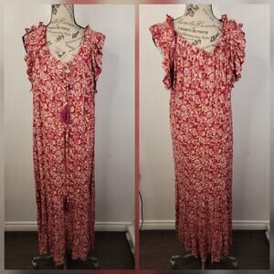 Natural Life Dress Sz L Floral Ruffled Long Midi Tie Waist Boho Cottage Prairie